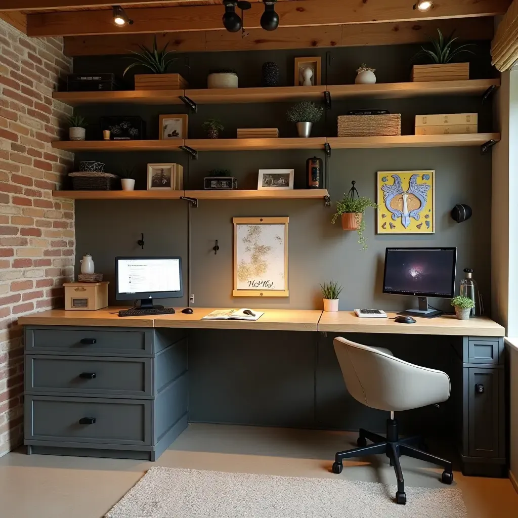 a photo of a functional basement workspace with shelves and a desk