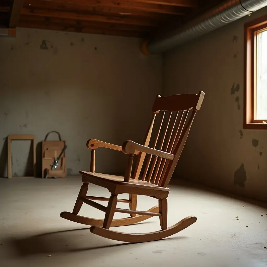 a photo of a wooden rocking chair in a basement