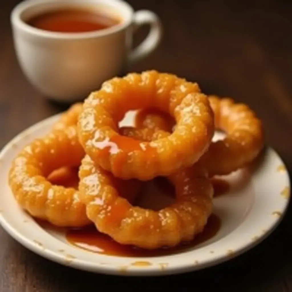 a photo of sweet jalebis drizzled with syrup, served alongside a cup of chai.