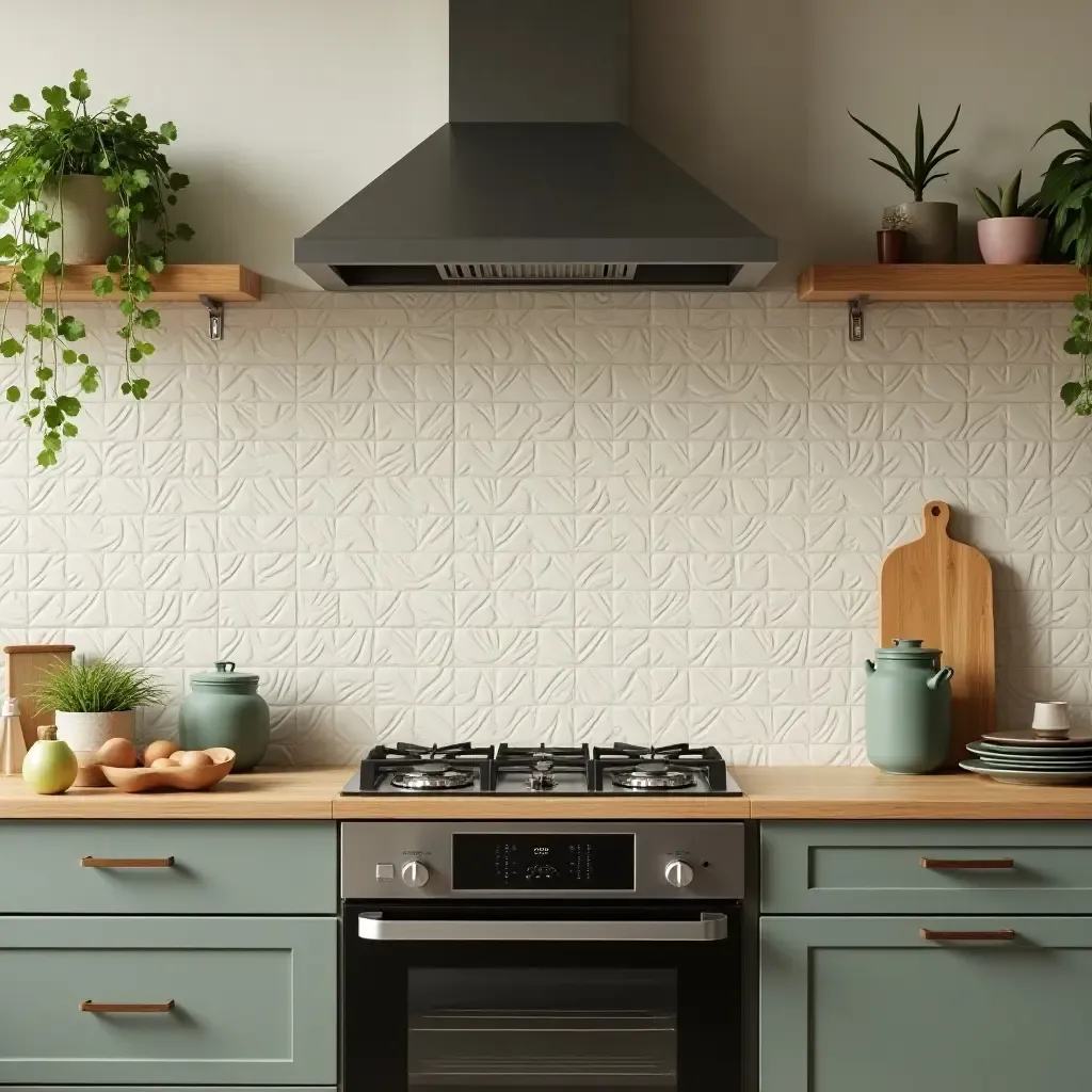 a photo of a nature-themed backsplash with leaf patterns in an eco-friendly kitchen