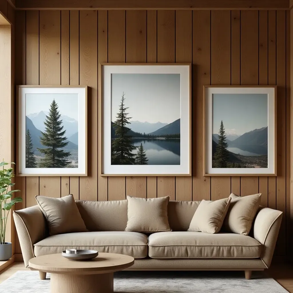 a photo of a rustic wooden wall with framed nature photos