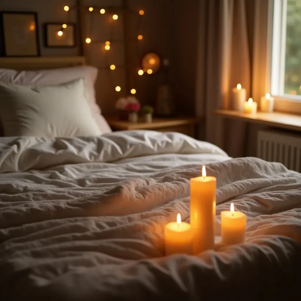 a photo of a romantic farmhouse bedroom with candles and soft bedding