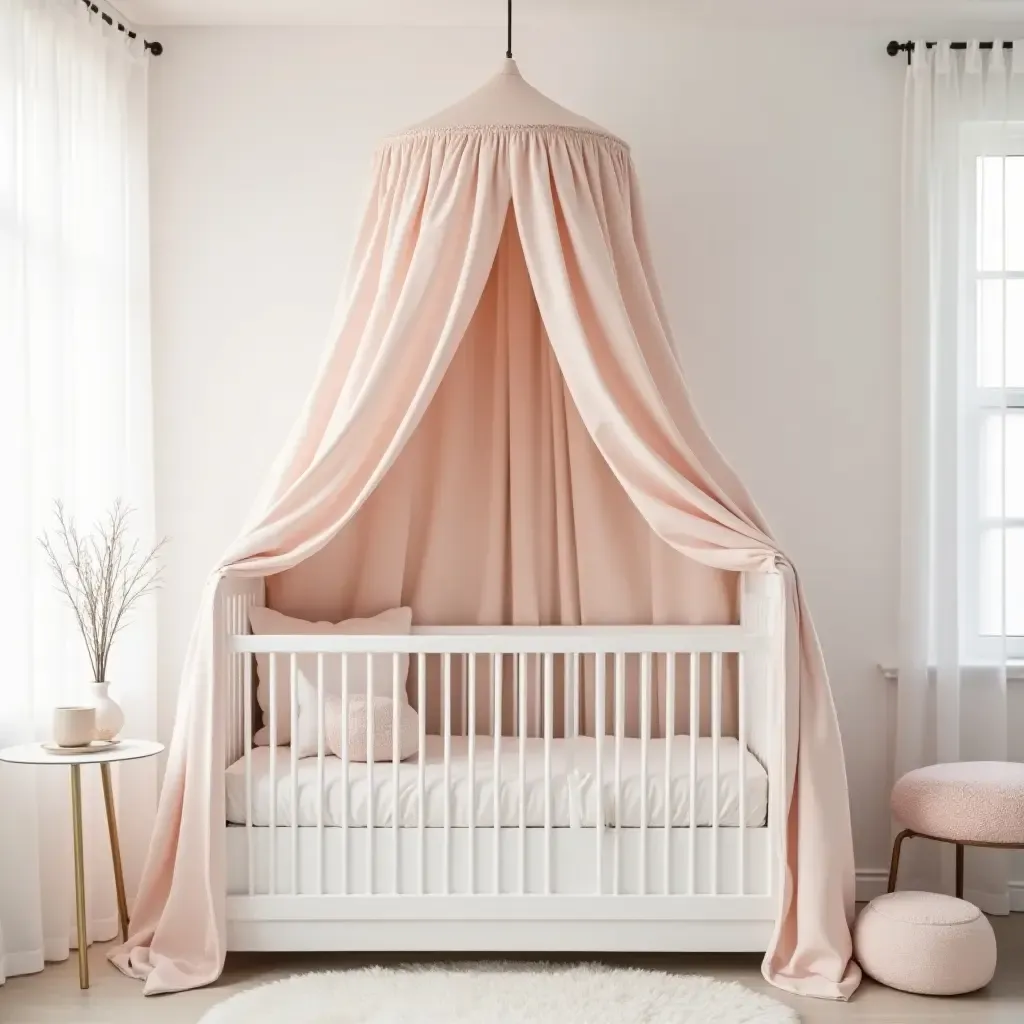 a photo of a nursery featuring a canopy bed draped in soft pastel fabrics