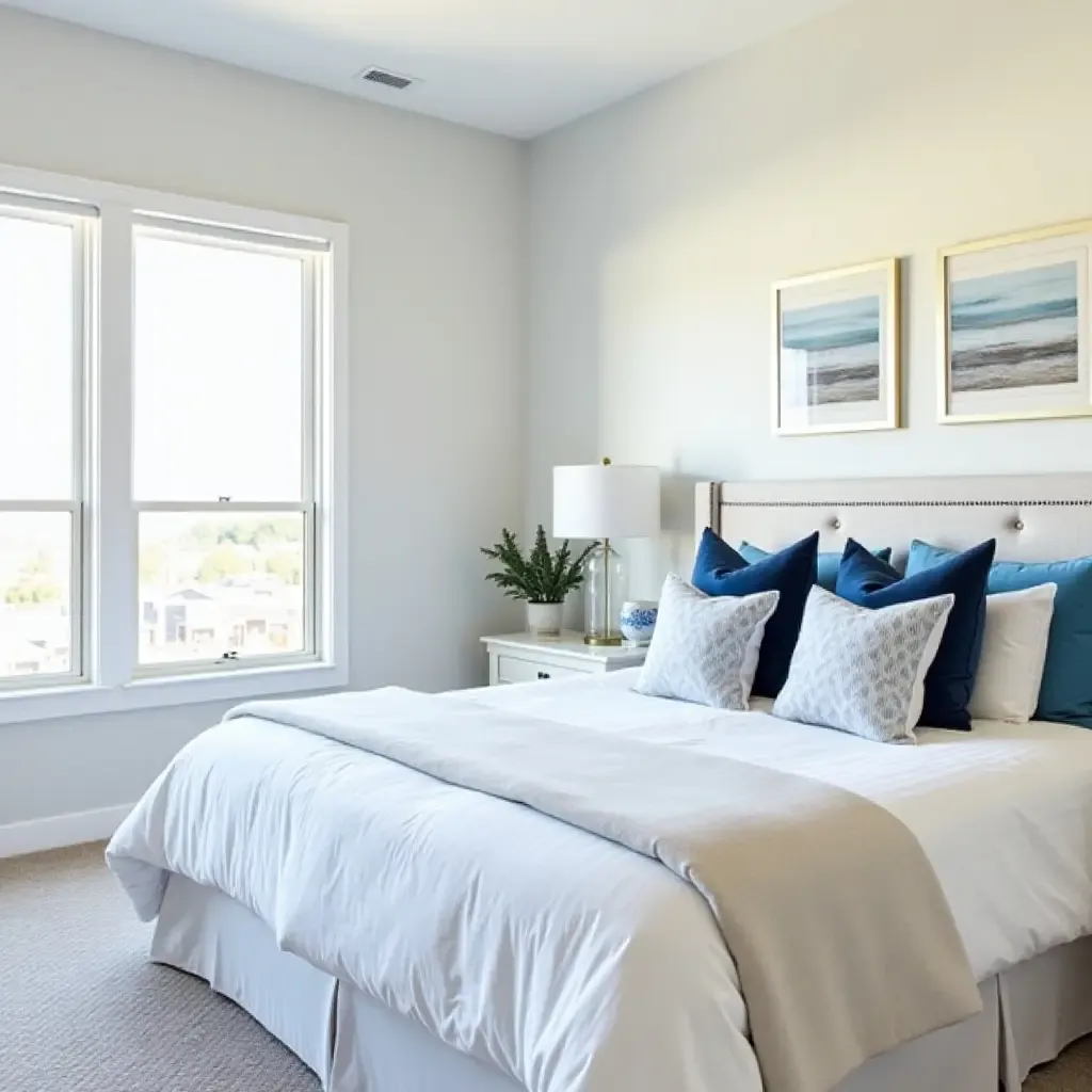 a photo of a coastal-themed bedroom with blue throw pillows