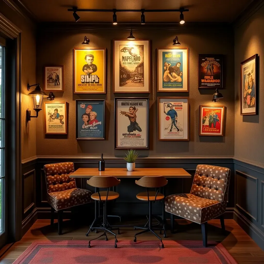 a photo of a gallery wall featuring vintage movie posters in a cozy basement