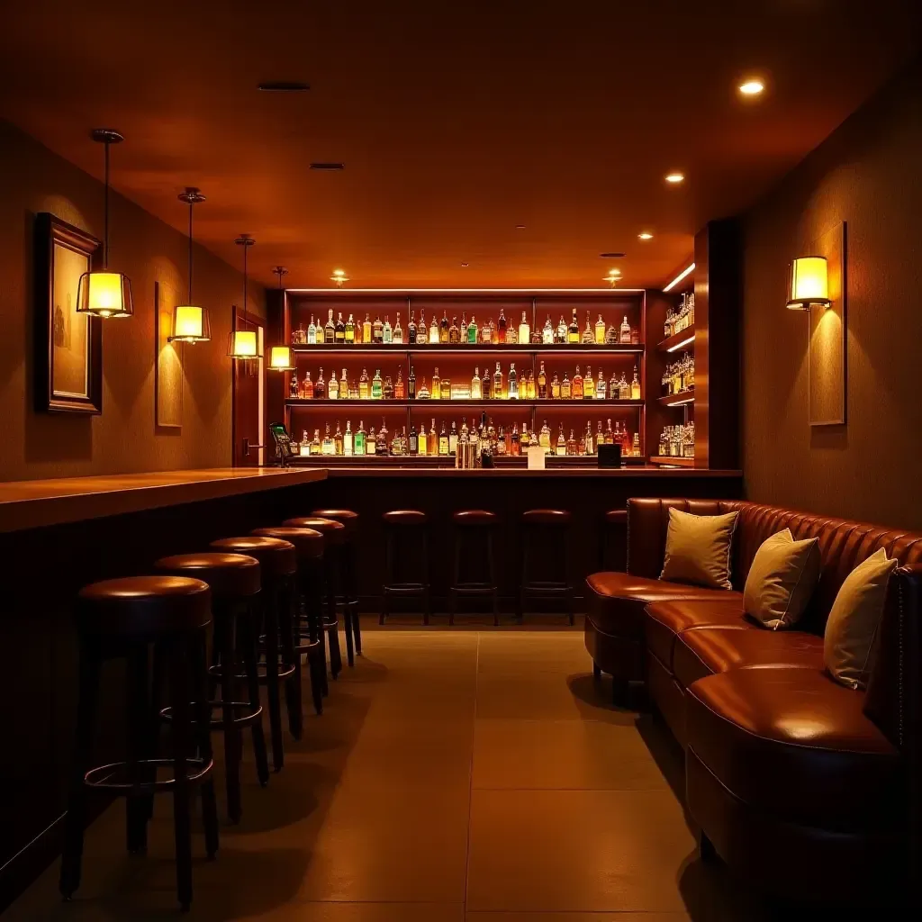 a photo of a cozy basement bar with warm lighting and plush seating