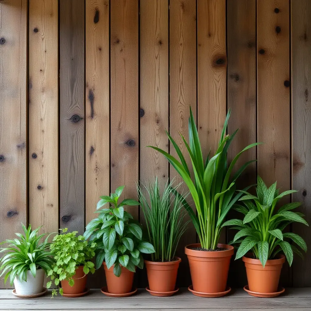 a photo of a rustic wooden wall with potted plants