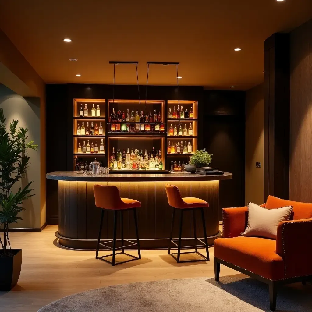 a photo of a chic basement bar with space-saving furniture and ambient lighting