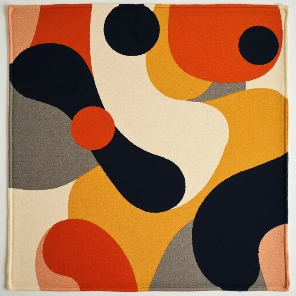 a photo of a graphic art rug with abstract shapes and colors