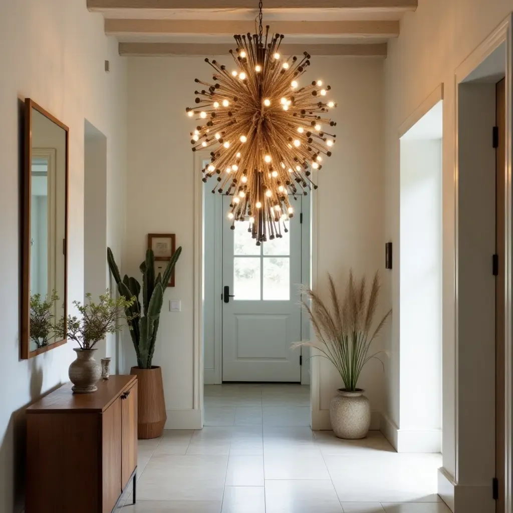 a photo of a unique chandelier made of recycled materials in an entrance hall