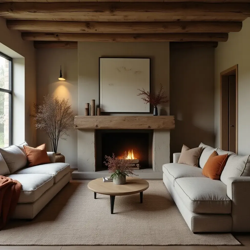 a photo of a rustic living room with a sectional and a wooden mantel fireplace