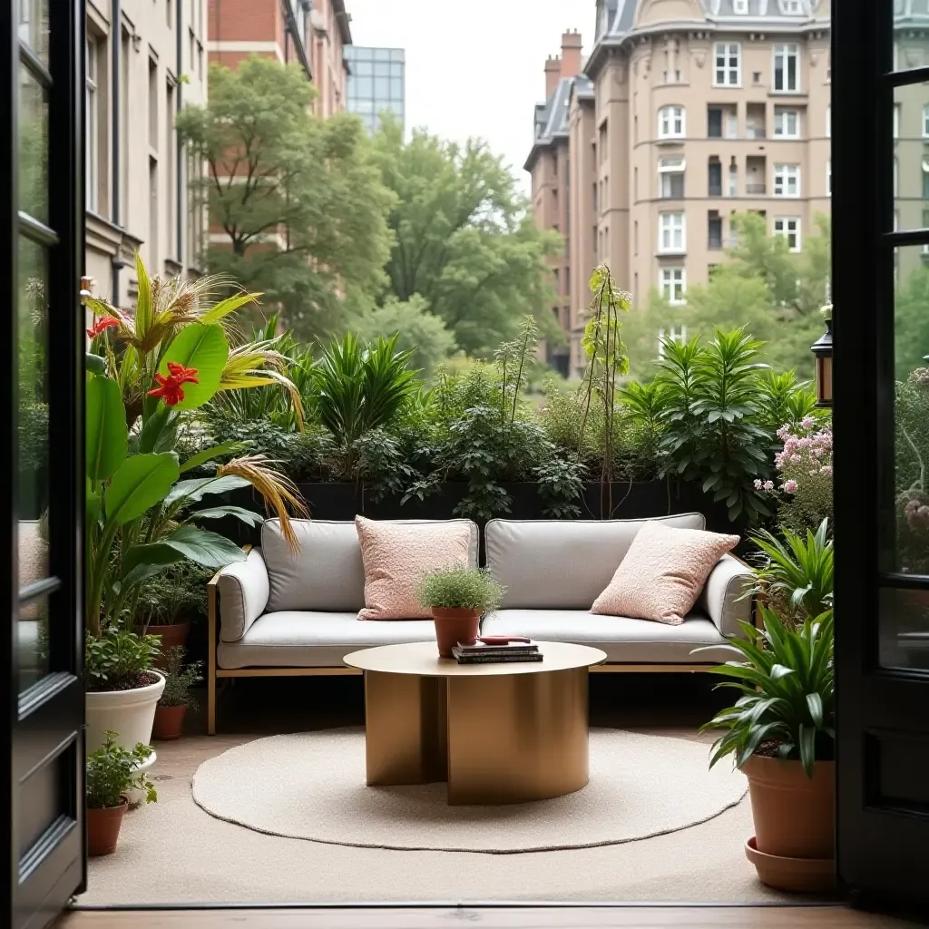 a photo of a balcony featuring a metallic coffee table and vibrant plants