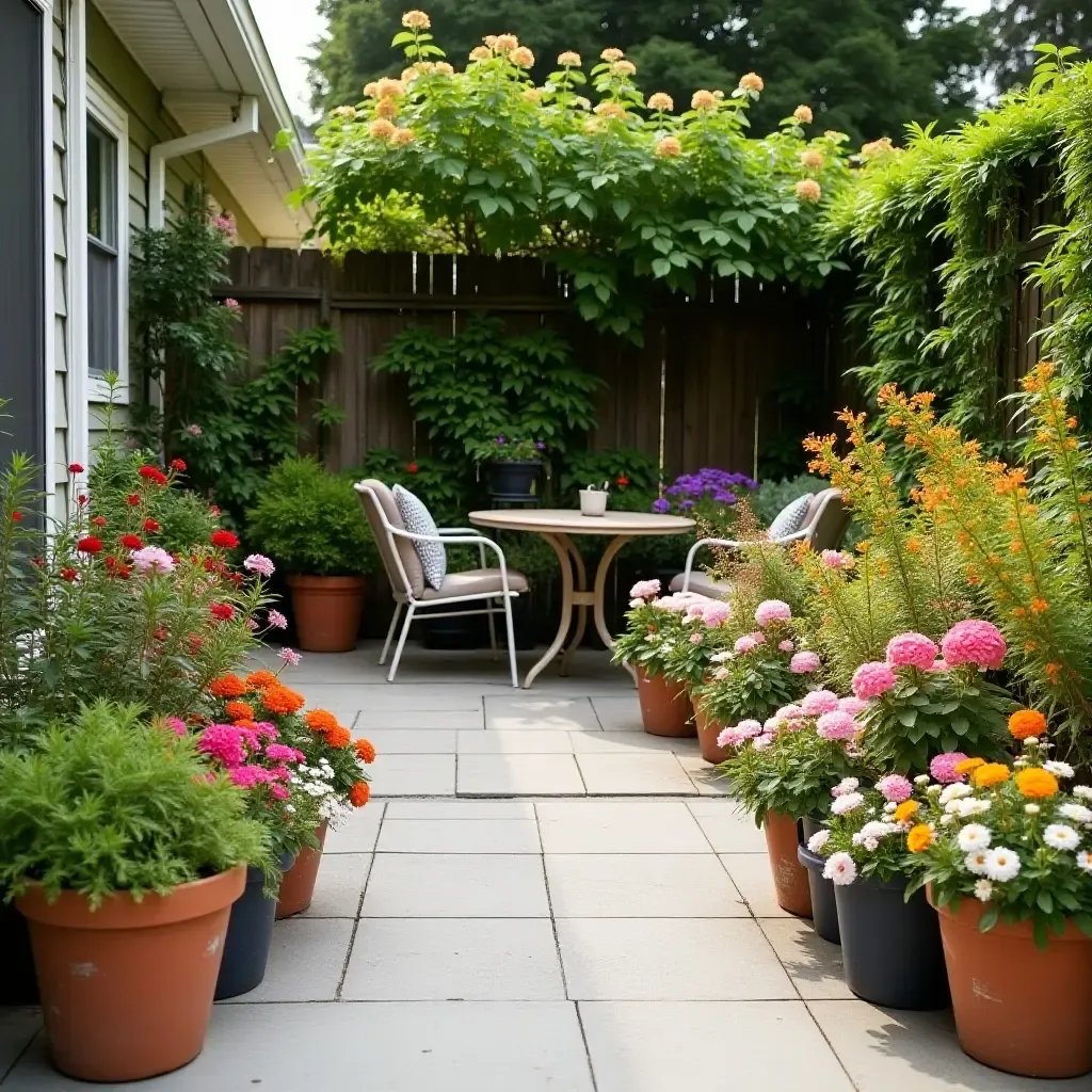 a photo of a concrete patio decorated with colorful potted plants and flowers