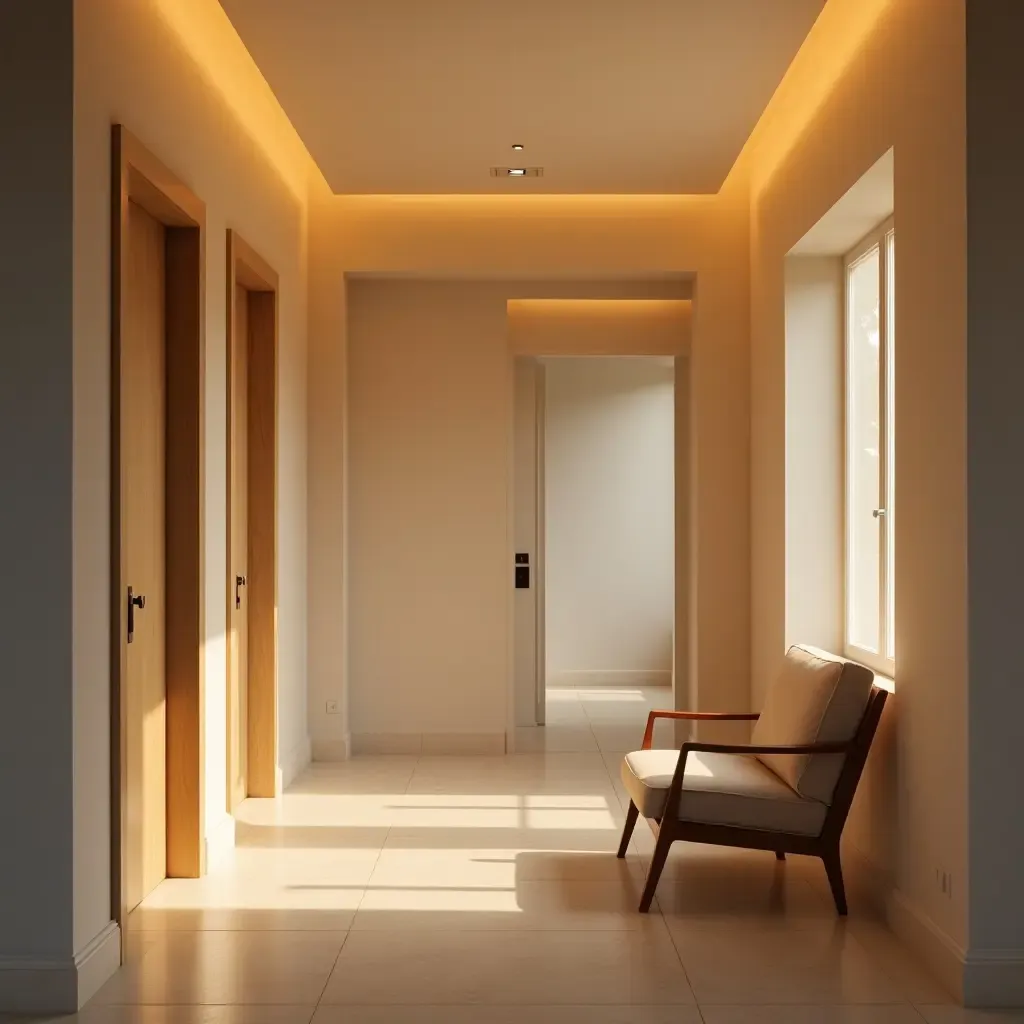 a photo of a bright hallway with a comfortable chair and ambient lighting