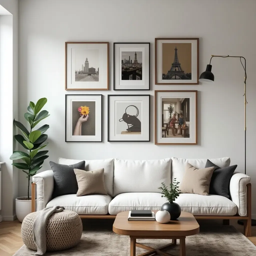 a photo of a living room with a gallery wall of industrial art and photographs