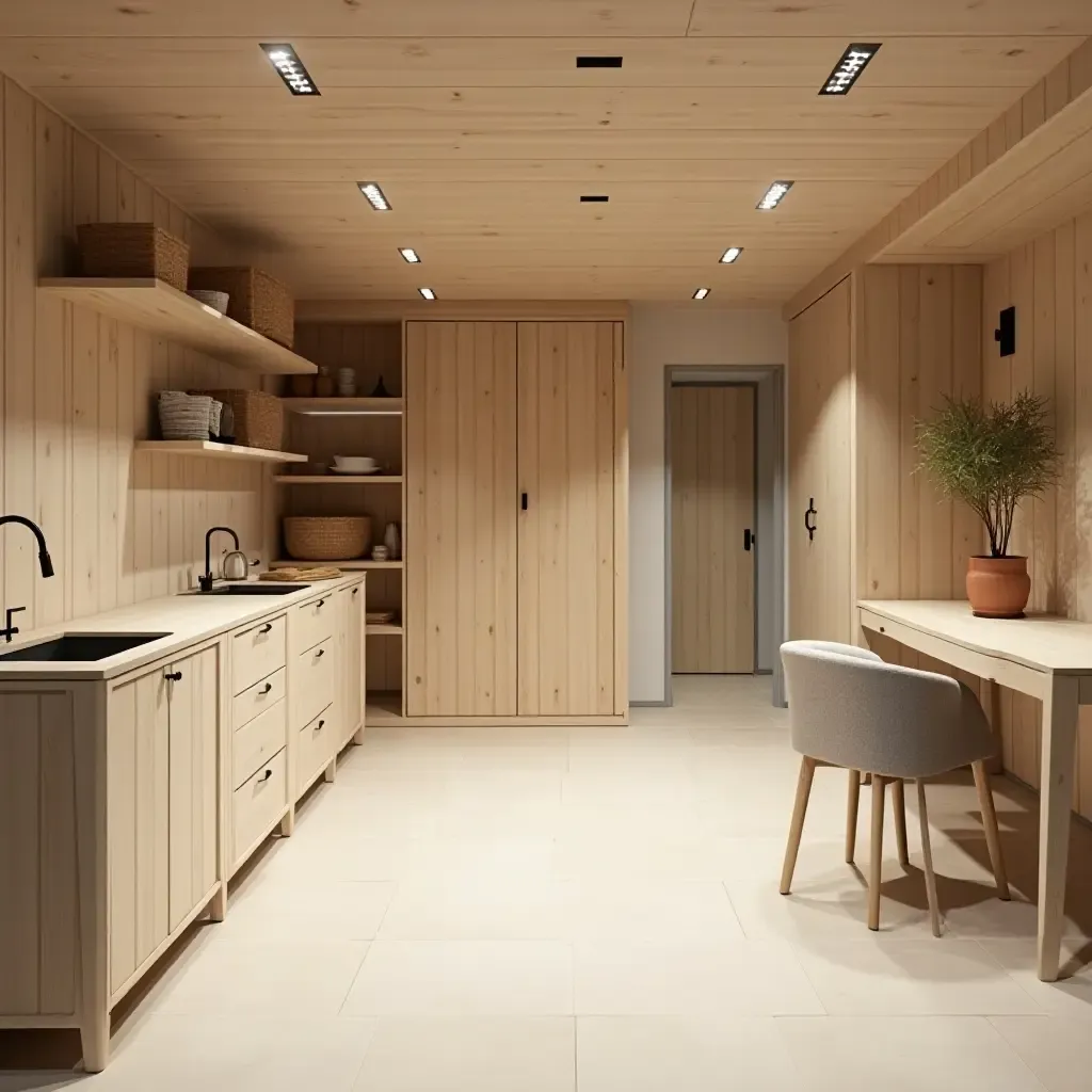 a photo of a basement workshop with light wood finishes and Scandinavian design