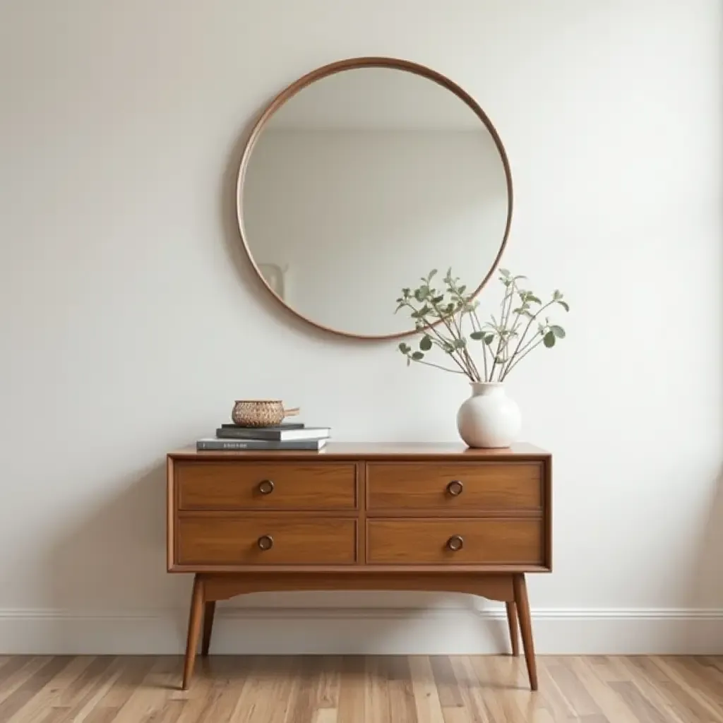 a photo of a retro mirror above a vintage side table