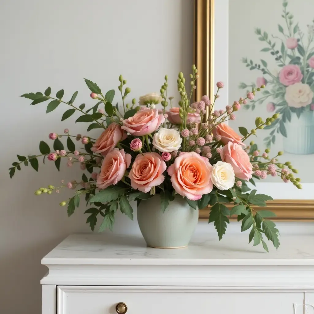 a photo of a beautiful floral arrangement on a dresser