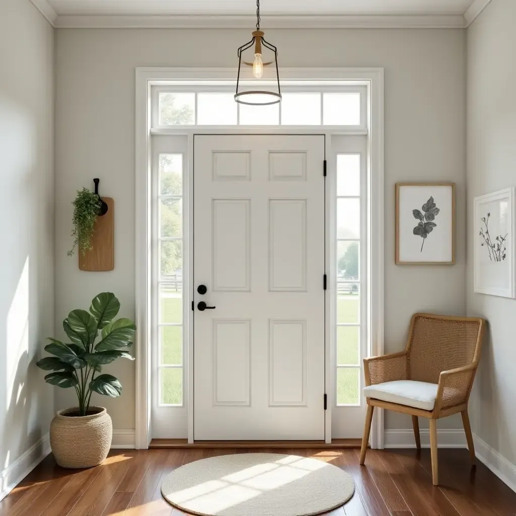 a photo of a bright entryway with a pop of color and farmhouse charm