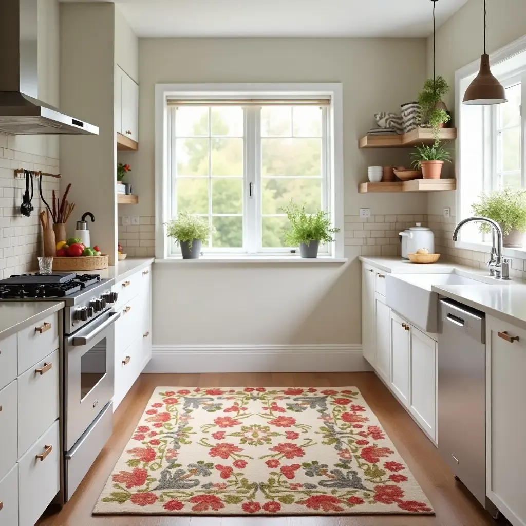 a photo of a bright kitchen with a cheerful floral rug