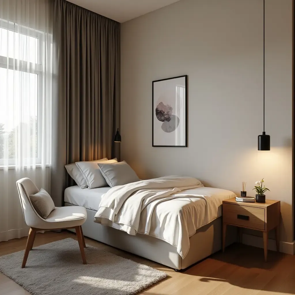 a photo of a small bedroom with a modern desk and cozy reading corner