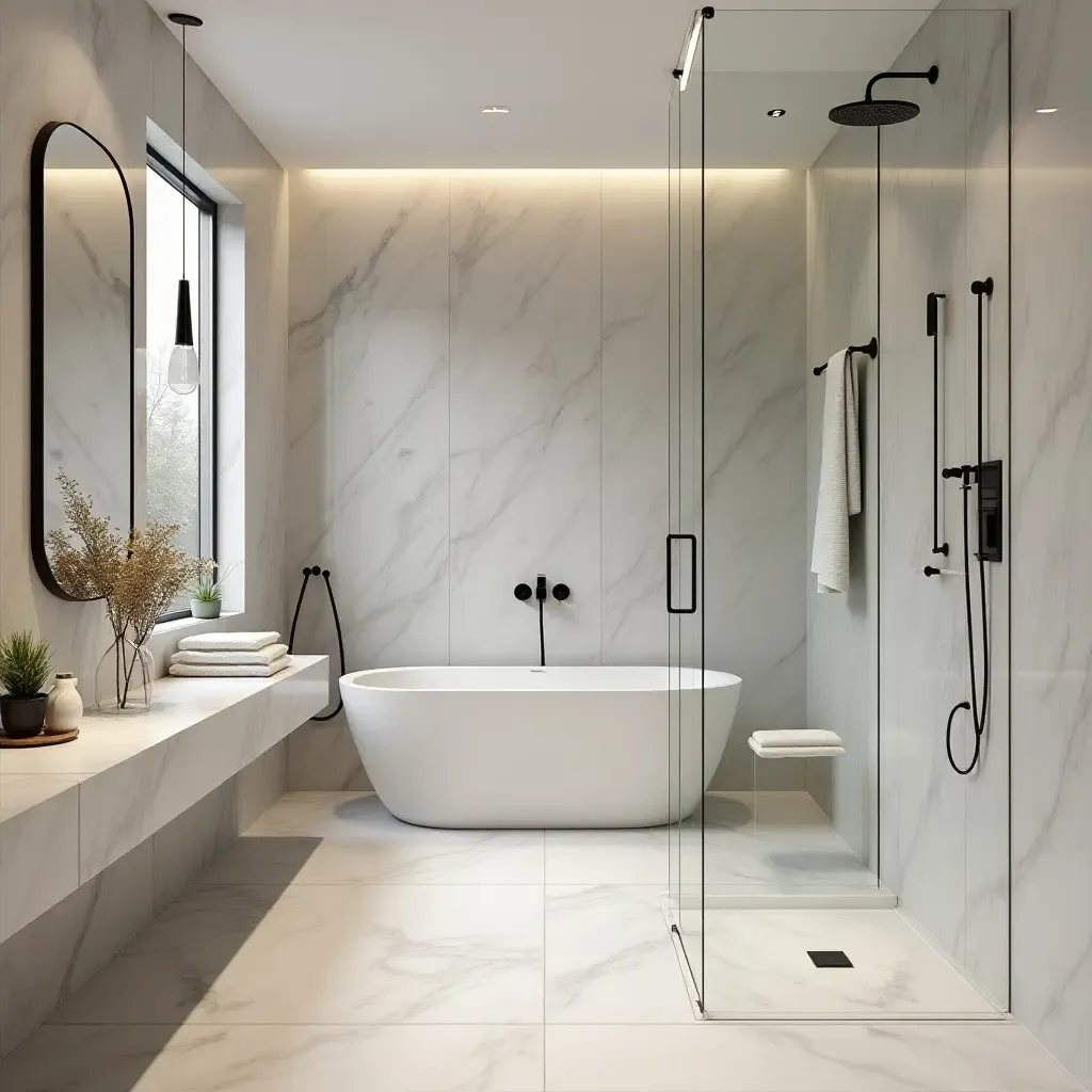 a photo of a luxurious bathroom with marble accents and a rain shower