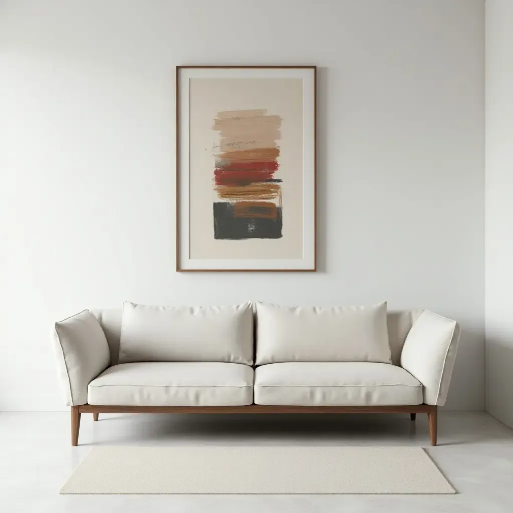 a photo of a modern minimalist space with a sleek sofa and abstract artwork