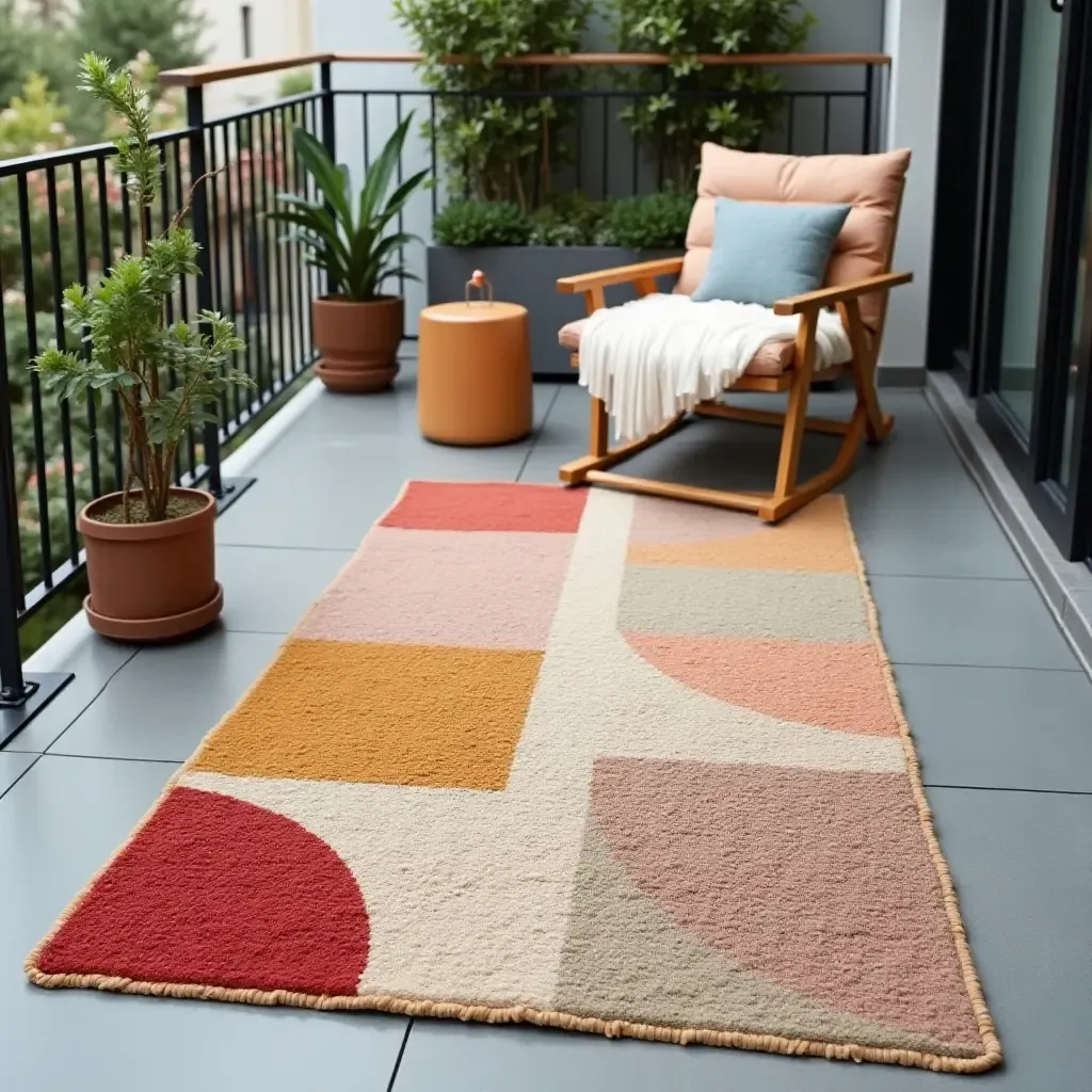 a photo of a playful rug with geometric shapes on a trendy balcony