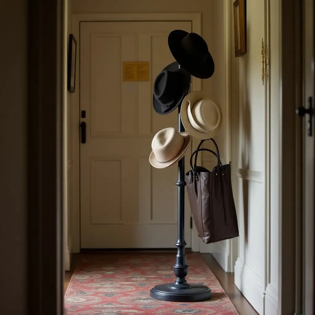 a photo of a vintage hat stand with hats displayed in a cozy hallway