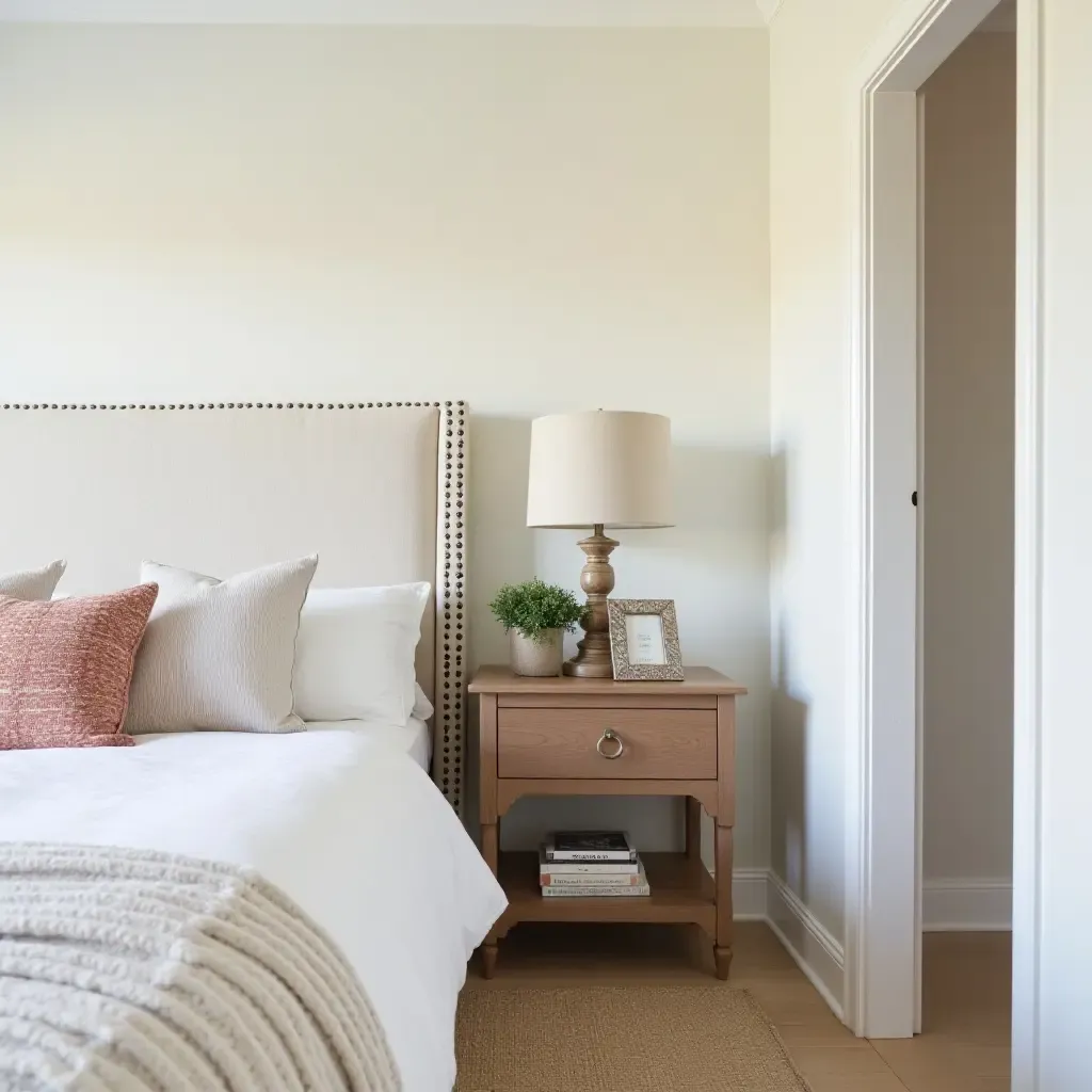 a photo of a chic bedroom with a farmhouse-inspired nightstand and decor