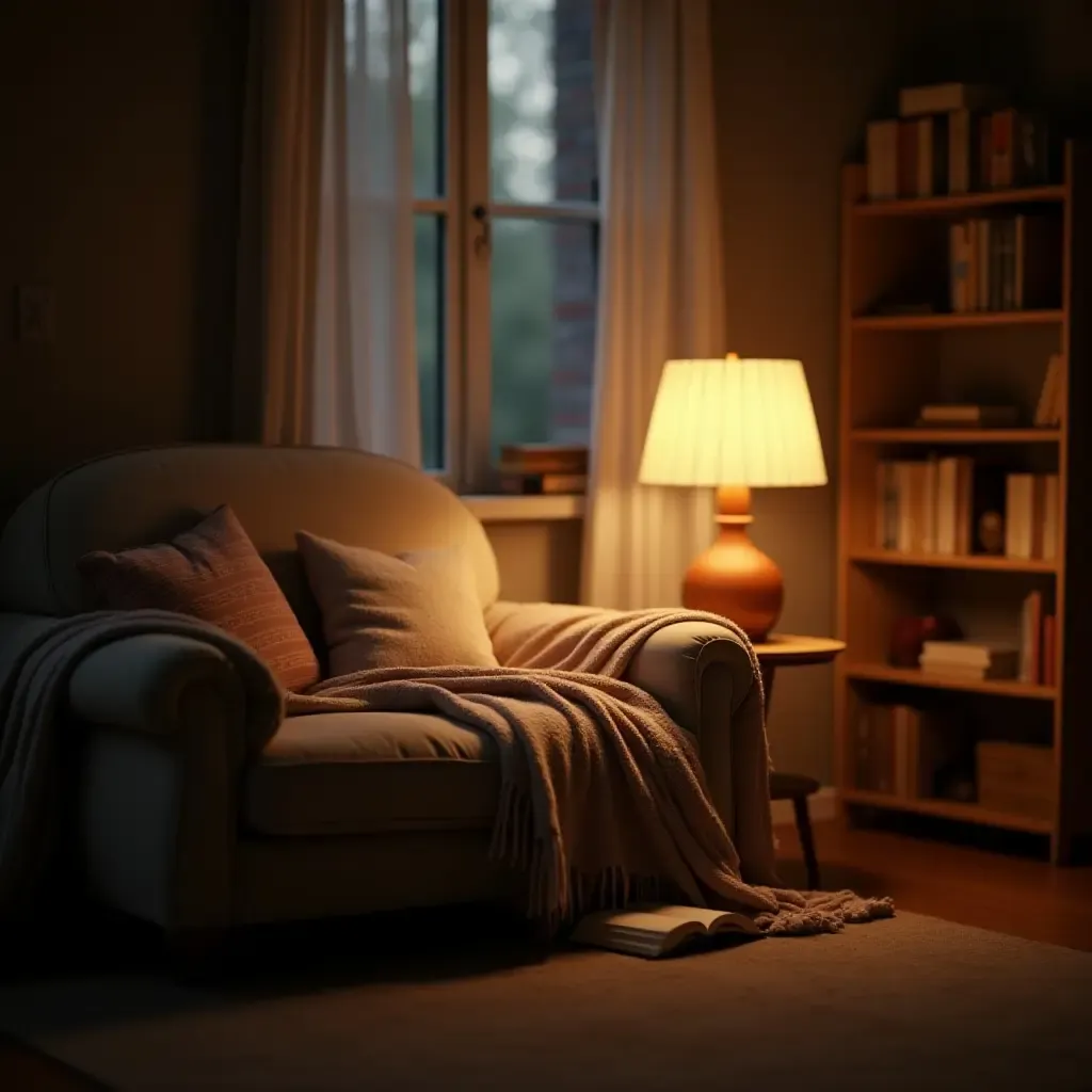 a photo of a reading nook with a cozy blanket and a floor lamp