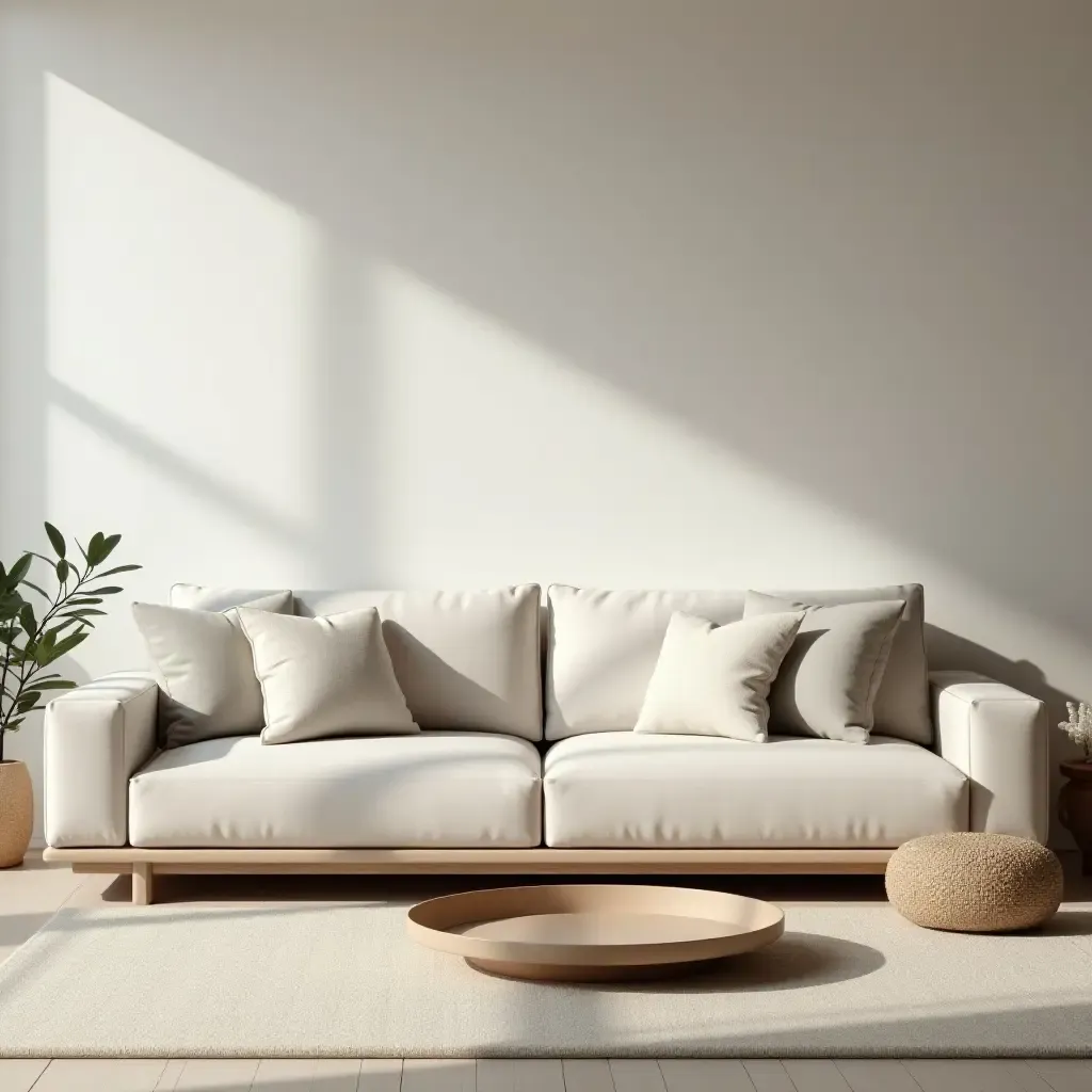 a photo of a zen-inspired living room with minimalist throw pillows on a low couch