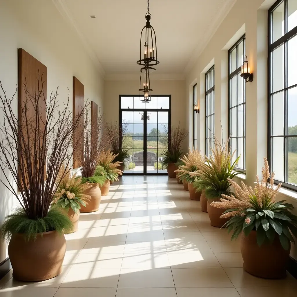 a photo of a corridor decorated with seasonal plant arrangements