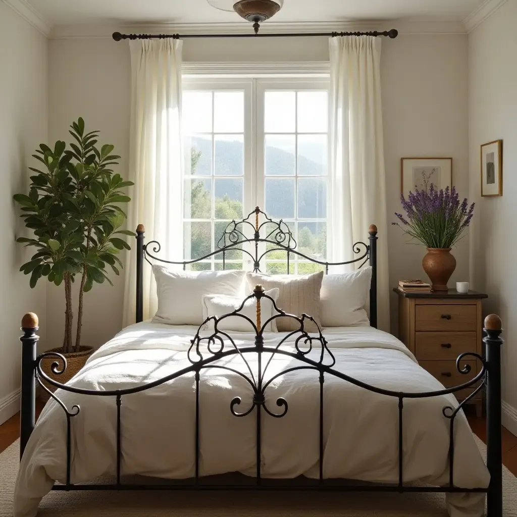 a photo of a sunlit bedroom with lavender plants and wrought iron bed frame