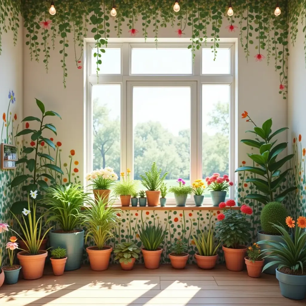 a photo of a nursery with a cheerful mural of plants and flowers