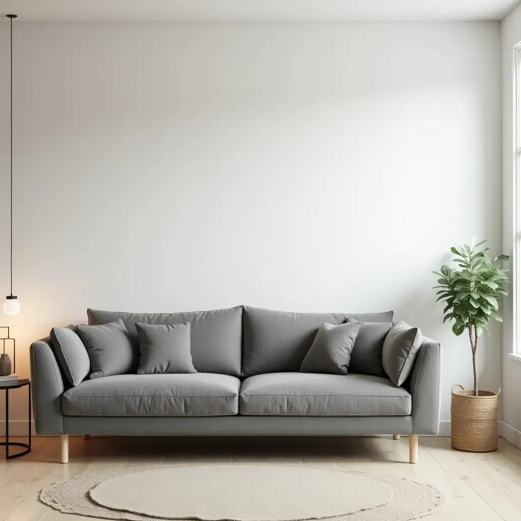 a photo of a grey sofa in a Scandinavian-inspired living room with light wood accents