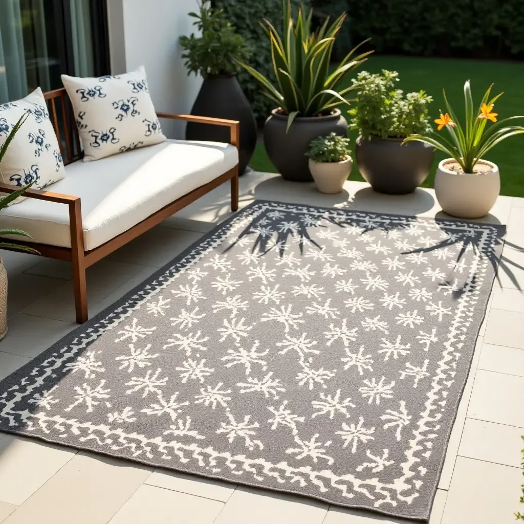 a photo of a patterned outdoor rug on a patio