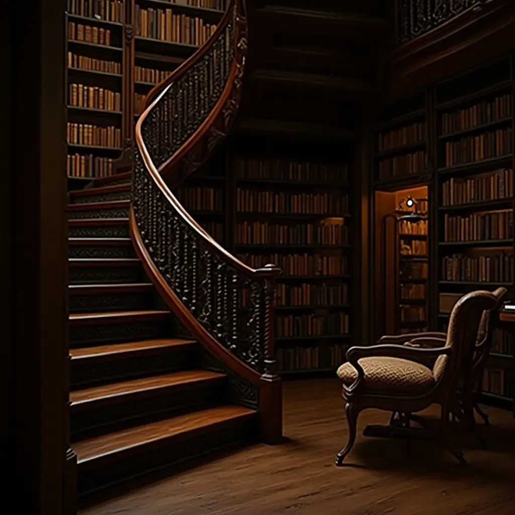 a photo of a library with a wrought iron railing and wooden stairs