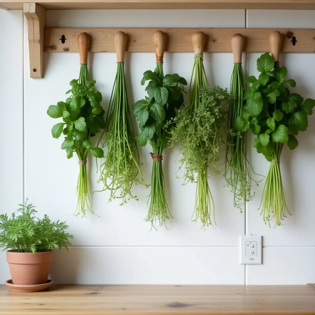 a photo of a wall with hanging herbs in a farmhouse kitchen