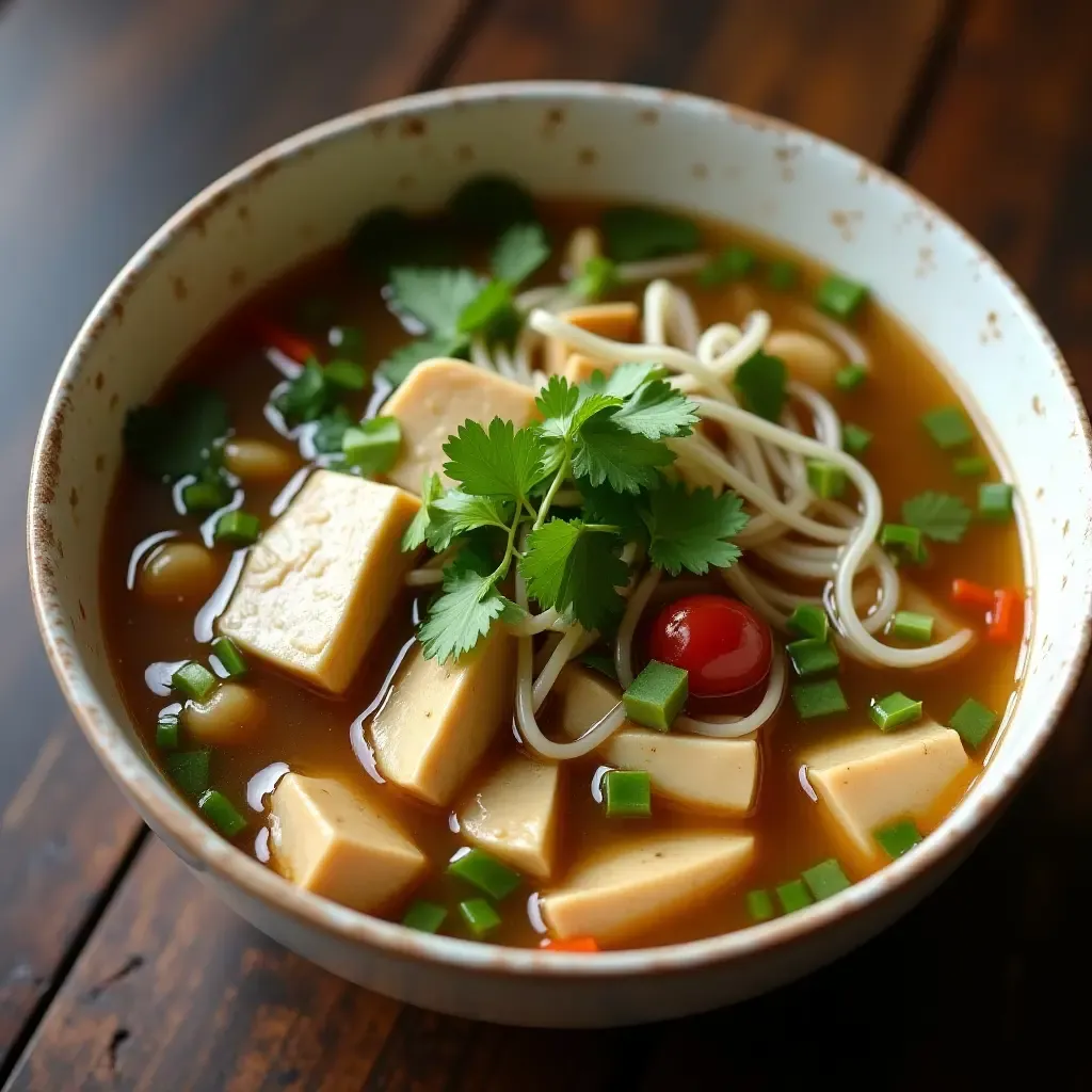 a photo of hearty Vietnamese vegetarian pho with tofu and aromatic broth