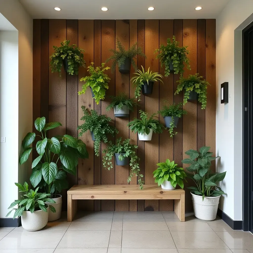 a photo of a unique garden wall with reclaimed wood and potted plants in a foyer