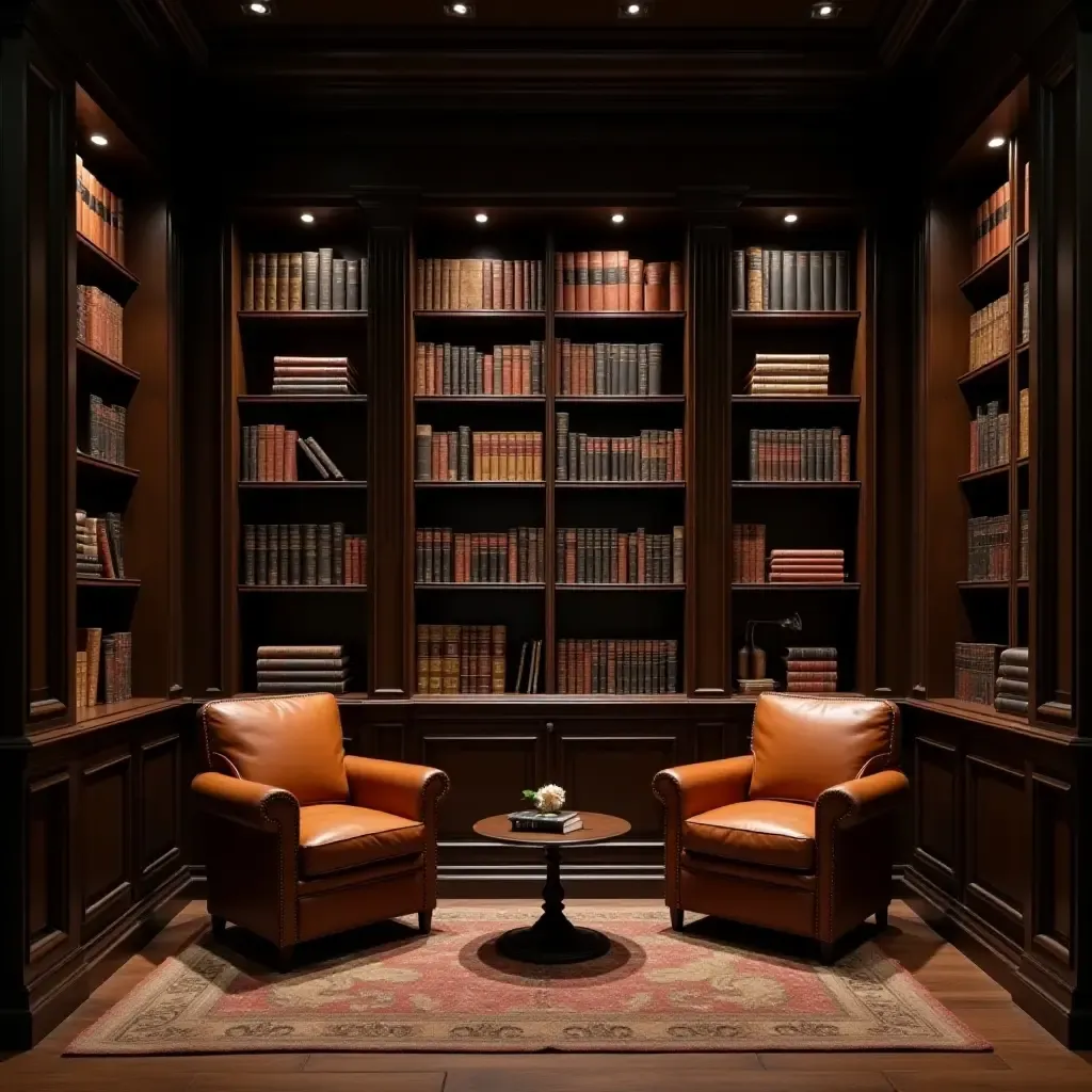 a photo of a traditional library with dark wood bookshelves and leather chairs