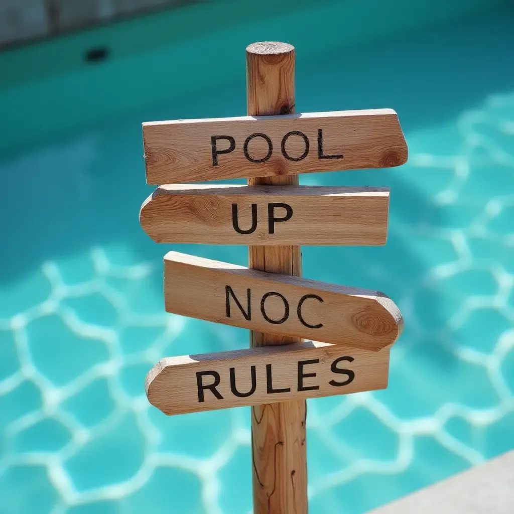 a photo of a wooden signpost with pool rules by the water