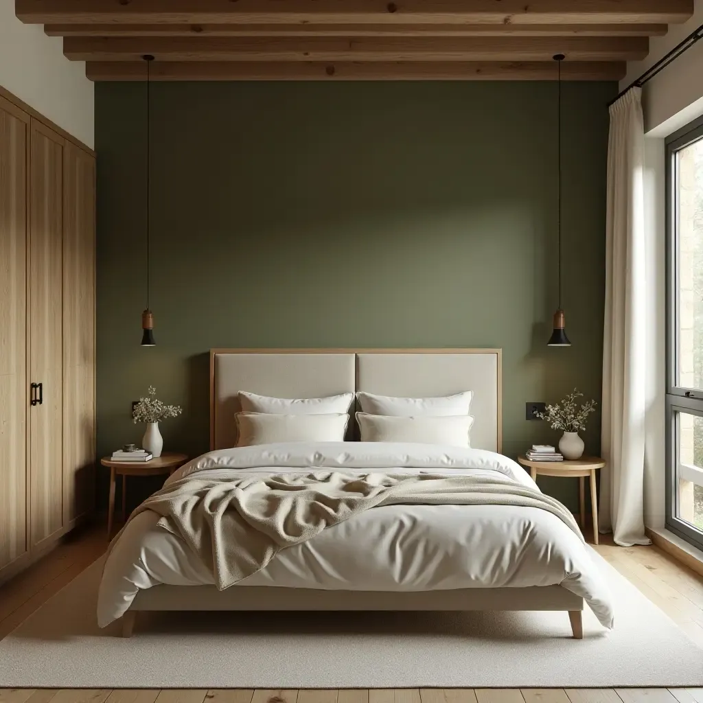 a photo of a rustic olive green and cream bedroom with natural wood elements