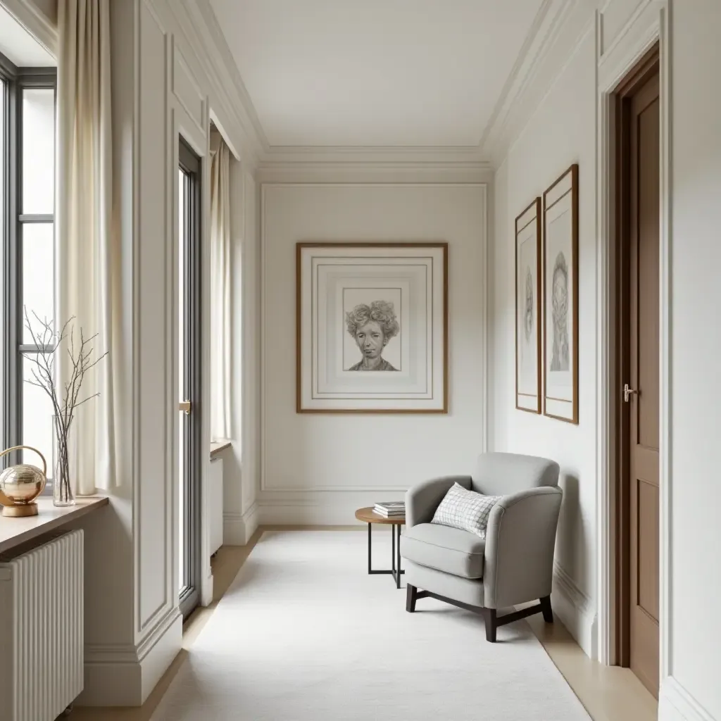 a photo of a corridor decorated with metallic picture frames and chic accessories