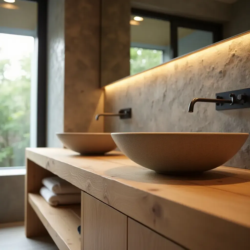 a photo of a wooden countertop with a vessel sink in a chic bathroom