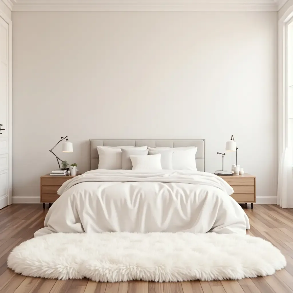 a photo of a soft, fluffy rug in a pastel-themed bedroom