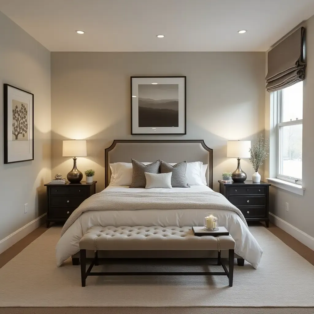 a photo of a trendy basement guest room with decor ideas