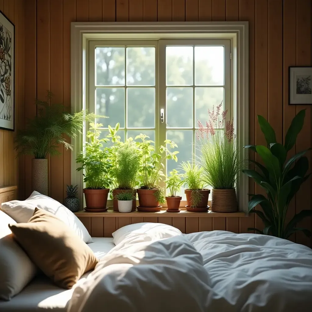 a photo of a cozy bedroom with a window herb garden