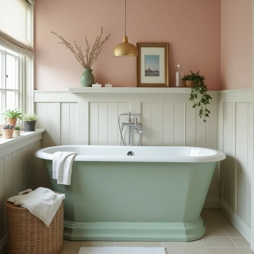 a photo of a muted sage green and blush pink bathroom with vintage decor